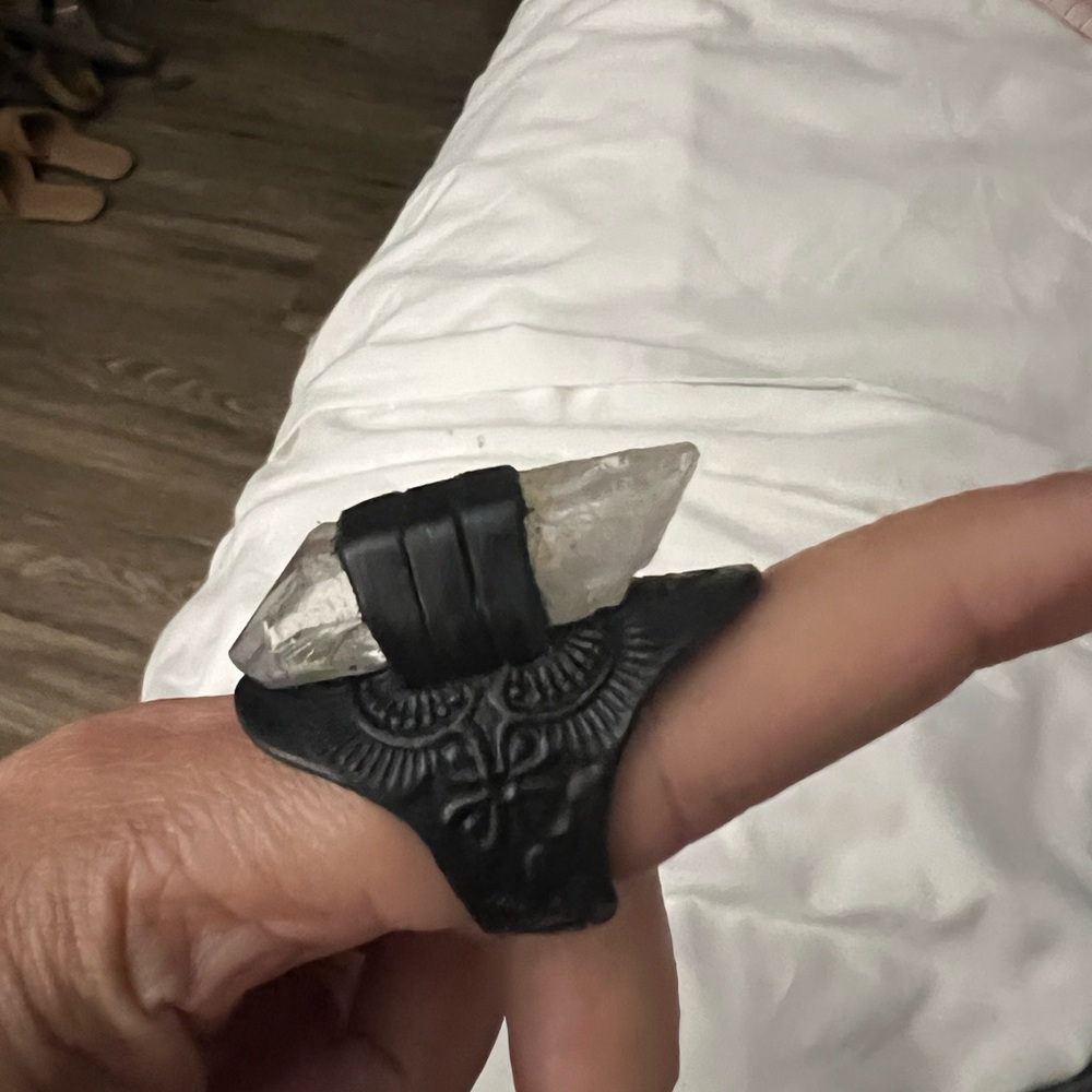 Buffalo Girl Black Rustic Crystal Ring With Black Leather Wrap View 3